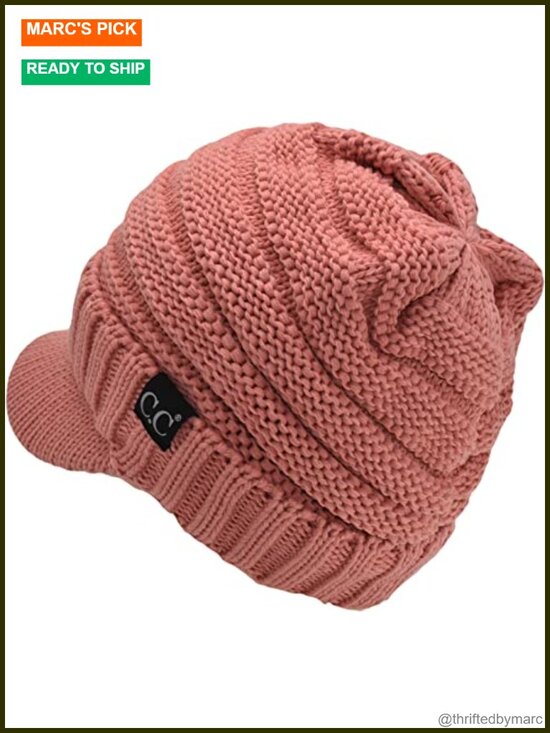 Oversized Chunky Knit Beanie Hat with Visor Brim - Acrylic main image 5